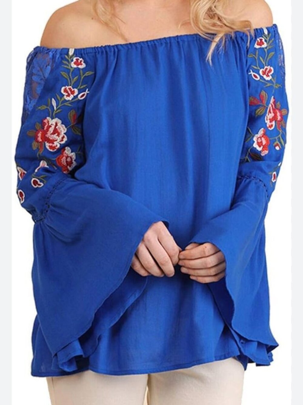 Umgee Size S Embroidered Bell Sleeve Blouse Top Cobalt Blue Lace Flowy Peasant